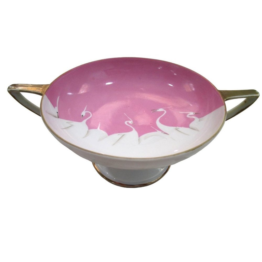 Seven Lucky Cranes Pink Tame Nakamura Imperial Nippon Deco Handled Pedestal Soup